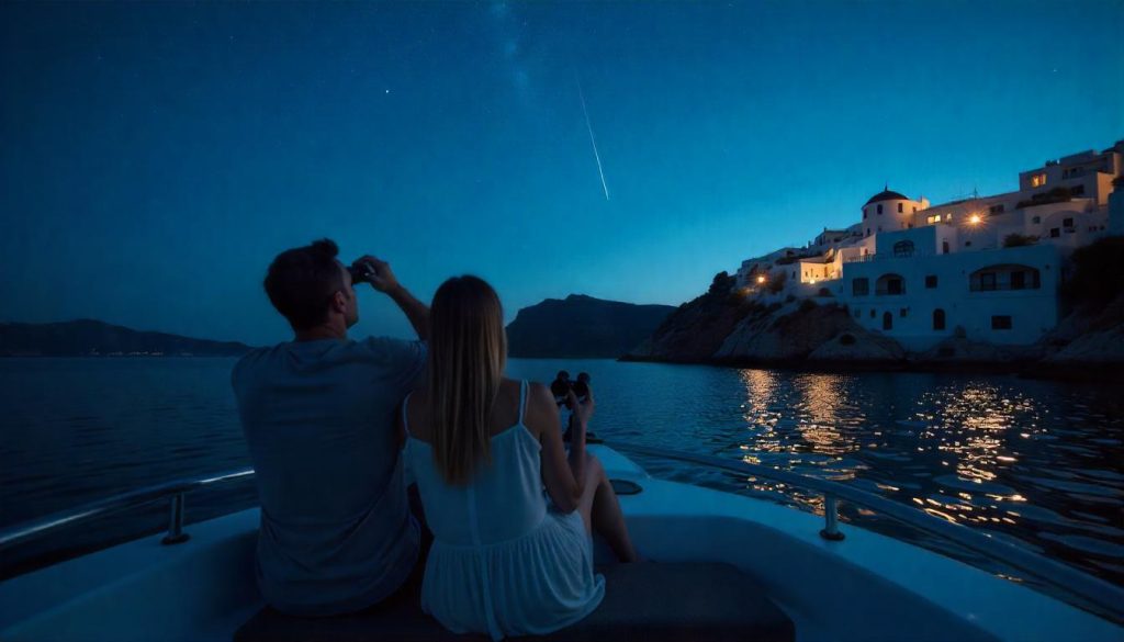 Couple on boat stargazing adventure near Santorini under a starry sky.